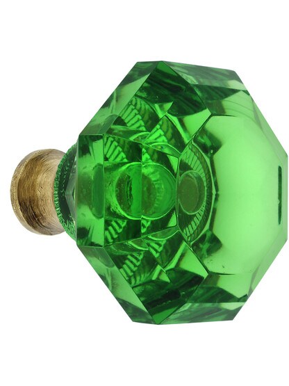 Green Octagonal Crystal Knob with Solid Brass Base in Antique Brass.